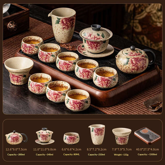 Ultimate Deluxe Peony Prosperity Gongfu Tea Set - 15-Piece Chinese Ceramic Kit with Wooden Tray | Elegant Floral Yangsheng Ceremony Set
