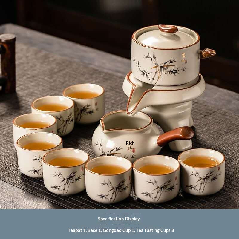 Chinese Kung Fu Tea Set – Minimalist Ceramic Gongfu Tea Ceremony Set with Bamboo Design, Teapot, Fair Cup & 8 Tea Cups | Oriental Wellness Tea Gift Set
