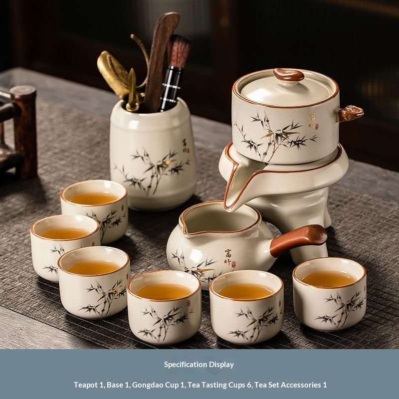 Chinese Kung Fu Tea Set with Tea Accessories – Minimalist Ceramic Gongfu Tea Ceremony Set with Bamboo Design, Teapot, Fair Cup & 6 Tea Cups | Oriental Wellness Tea Gift Set