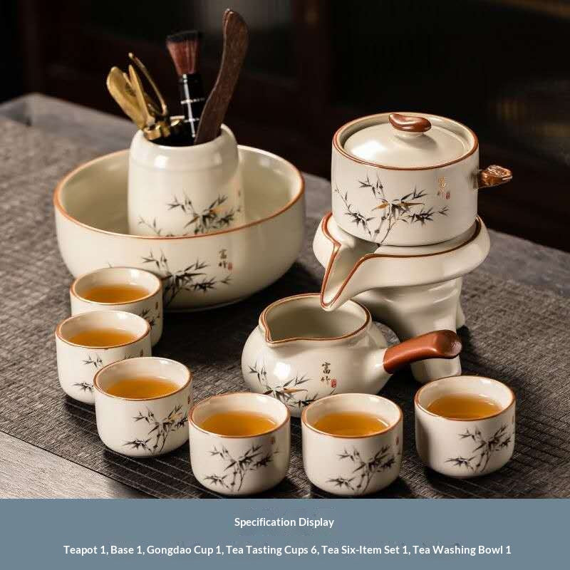 Chinese Kung Fu Tea Set with Tea Washing Bowl – Minimalist Ceramic Gongfu Tea Ceremony Set with Bamboo Design, Teapot, Fair Cup, Tea Tools & 6 Tea Cups | Oriental Wellness Tea Gift Set