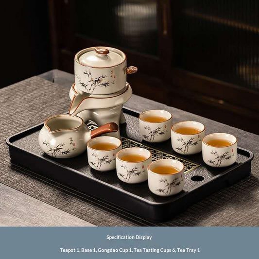 Chinese Kung Fu Tea Set with Tea Tray – Minimalist Ceramic Gongfu Tea Ceremony Set with Bamboo Design, Teapot, Fair Cup & 6 Tea Cups | Oriental Wellness Tea Gift Set