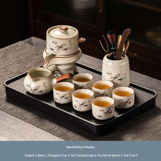 Chinese Kung Fu Tea Set with Tea Tray & Tea Tools – Minimalist Ceramic Gongfu Tea Ceremony Set with Bamboo Design, Teapot, Fair Cup & 6 Tea Cups | Oriental Wellness Tea Gift Set