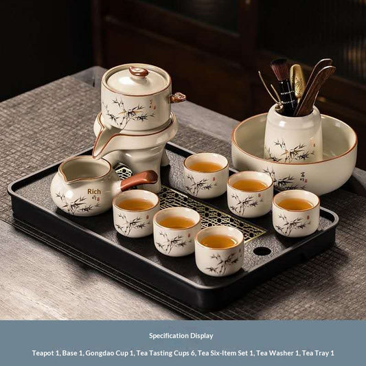 Chinese Kung Fu Tea Set with Tea Tray & Tea Accessories – Minimalist Ceramic Gongfu Tea Ceremony Set with Bamboo Design, Tea Washer, Tea Tools & 6 Tea Cups | Oriental Wellness Tea Gift Set