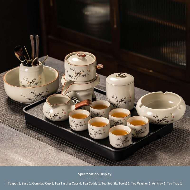 Luxury Chinese Kung Fu Tea Set with Tea Tray & Tea Tools – Minimalist Ceramic Gongfu Tea Ceremony Set with Bamboo Design, Tea Caddy, Tea Washer & 6 Tea Cups | Oriental Wellness Tea Gift Set