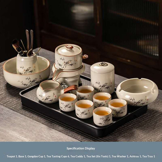 Luxury Chinese Kung Fu Tea Set with Tea Tray & Tea Tools – Minimalist Ceramic Gongfu Tea Ceremony Set with Bamboo Design, Tea Caddy, Tea Washer & 6 Tea Cups | Oriental Wellness Tea Gift Set