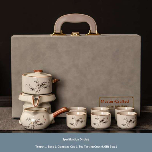 Luxury Chinese Kung Fu Tea Set Gift Box – Minimalist Ceramic Gongfu Tea Ceremony Set with Bamboo Design, Teapot, Fair Cup & 6 Tea Cups | Oriental Wellness Tea Gift Set