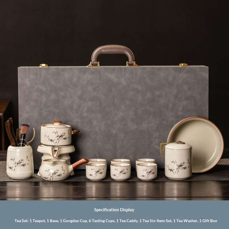 Luxury Chinese Kung Fu Tea Set Gift Box – Minimalist Ceramic Gongfu Tea Ceremony Set with Bamboo Design, Tea Caddy, Tea Tools & 6 Tea Cups | Oriental Wellness Tea Gift Collection