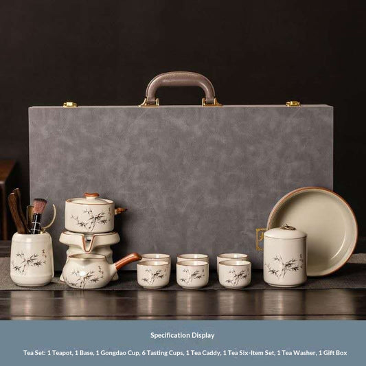 Luxury Chinese Kung Fu Tea Set Gift Box – Minimalist Ceramic Gongfu Tea Ceremony Set with Bamboo Design, Tea Caddy, Tea Tools & 6 Tea Cups | Oriental Wellness Tea Gift Collection