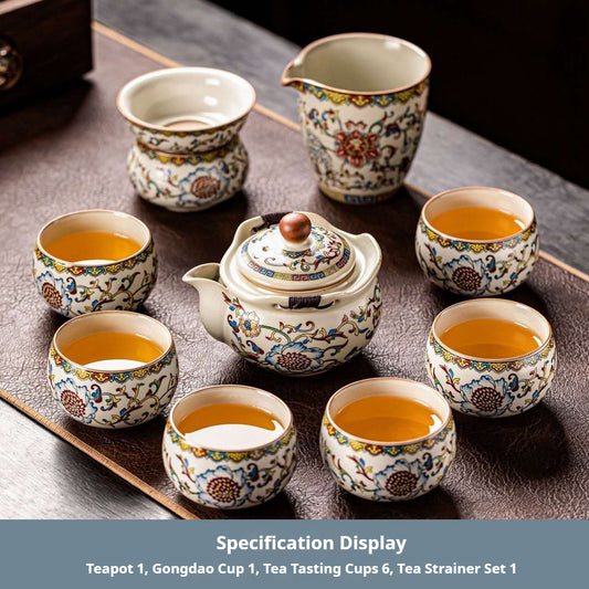 Luxury Chinese Teapot Tea Set – Vintage Floral Ceramic Gongfu Tea Ceremony Set with Tea Strainer, Fair Cup & 6 Tea Cups | Oriental Wellness Tea Gift Set