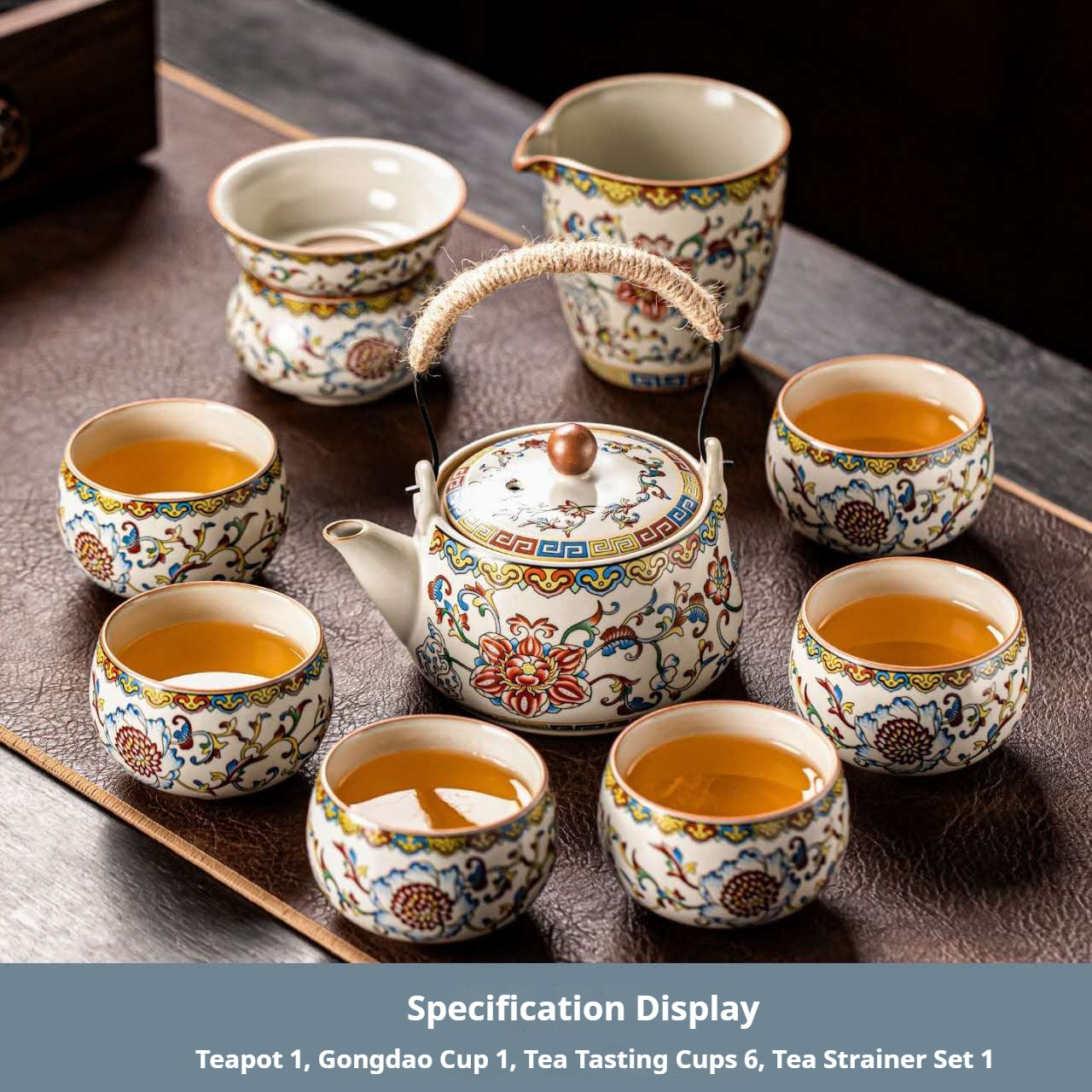 Luxury Chinese Ceramic Teapot Set – Vintage Floral Gongfu Tea Ceremony Set with Tea Strainer, Fair Cup & 6 Tea Cups | Oriental Wellness Tea Gift Set