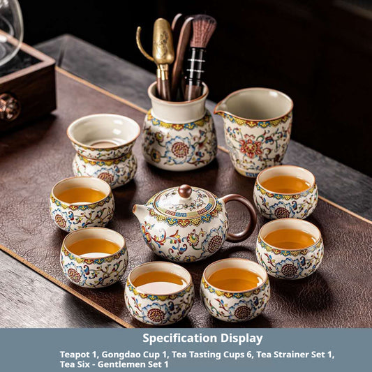 Luxury Chinese Ceramic Teapot Set with Tea Tools – Vintage Floral Gongfu Tea Ceremony Set with Fair Cup, Tea Strainer & 6 Tea Cups | Oriental Wellness Tea Gift Set