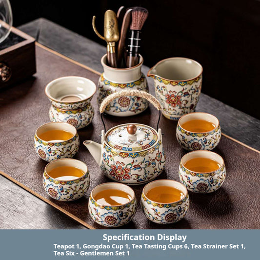 Luxury Chinese Teapot Tea Set with Tea Tools – Vintage Floral Ceramic Gongfu Tea Ceremony Set with Tea Strainer, Fair Cup & 6 Tea Cups | Oriental Wellness Tea Gift Set