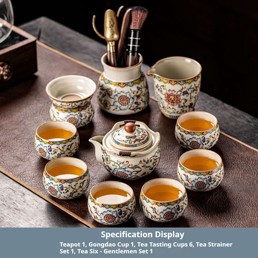 Luxury Chinese Ceramic Teapot Set with Tea Tools – Vintage Floral Gongfu Tea Ceremony Set with Tea Strainer, Fair Cup & 6 Tea Cups | Oriental Wellness Tea Gift Set