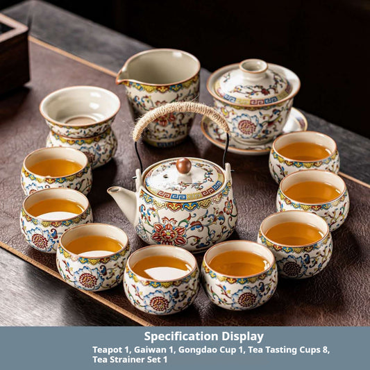 Luxury Chinese Gongfu Tea Set with Gaiwan & Teapot – Vintage Floral Ceramic Tea Ceremony Set with Fair Cup, Tea Strainer & 8 Tea Cups | Oriental Wellness Tea Gift Set