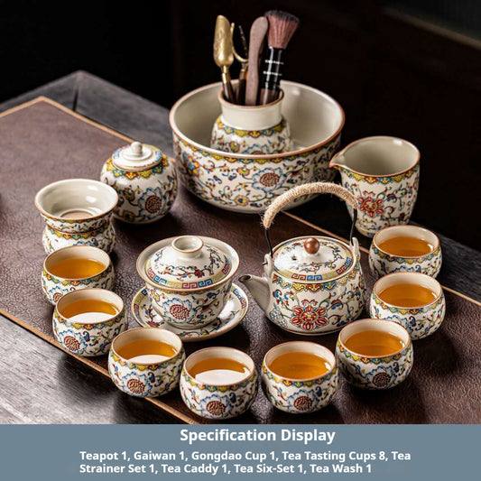 Luxury Chinese Gongfu Tea Set with Gaiwan, Teapot & Tea Tools – Vintage Floral Ceramic Tea Ceremony Set with Tea Caddy, Tea Wash, Fair Cup & 8 Tea Cups | Oriental Wellness Tea Gift Set