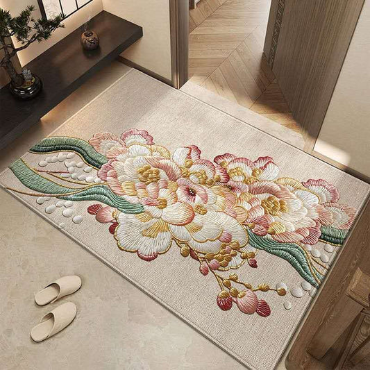 Luxury Chinese Peony Entryway Rug – Oriental Floral Belgian Velvet Door Mat, Non-Slip Elegant Foyer Carpet for Modern Asian Home Decor