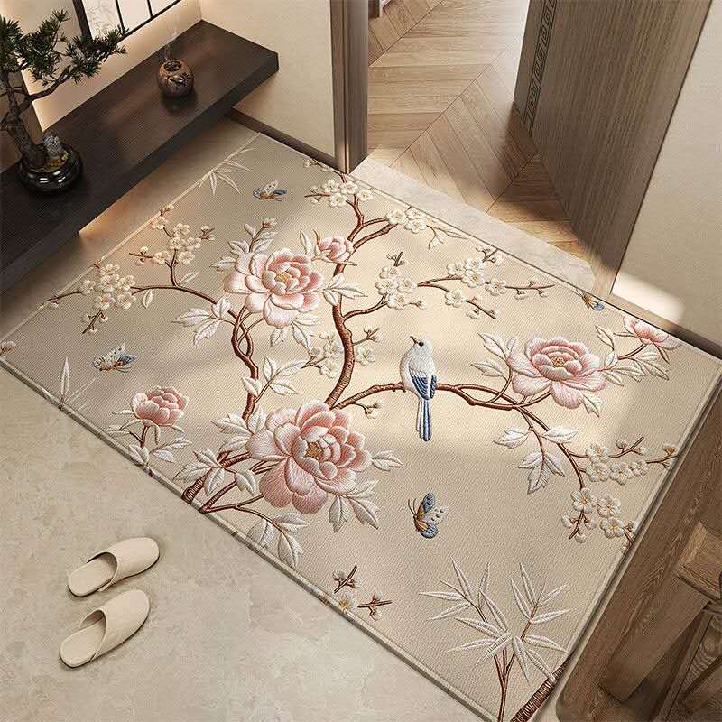 Chinese Peony & Bird Area Rug – Oriental Embroidered Floral Entryway Carpet, Luxury Non-Slip Belgian Velvet Rug for Zen Home Decor
