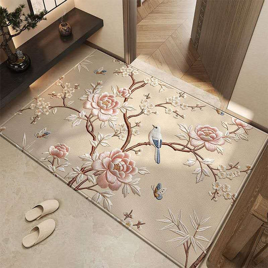 Chinese Peony & Bird Area Rug – Oriental Embroidered Floral Entryway Carpet, Luxury Non-Slip Belgian Velvet Rug for Zen Home Decor