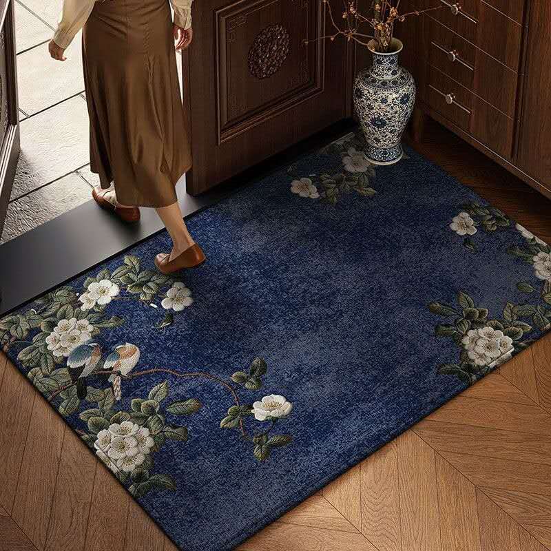 Oriental Floral Bird Rug – Luxury Chinese Belgian Velvet Area Carpet, Thick Non-Slip Zen Rug for Peaceful Elegant Interiors