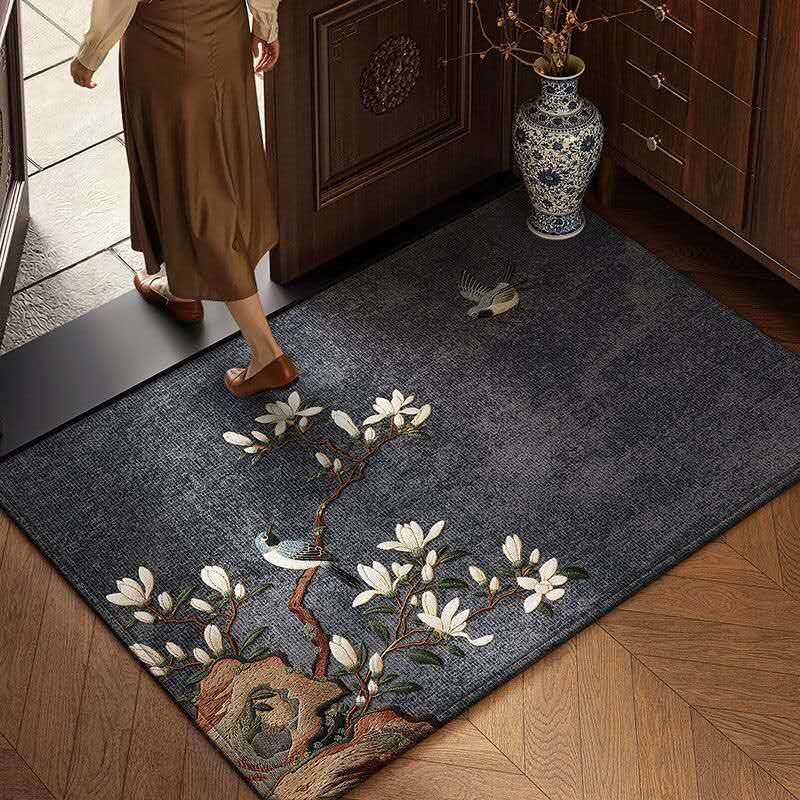 Chinese Magnolia Bird Area Rug – Oriental Belgian Velvet Carpet, Luxury Zen Entryway Rug for Calm & Healing Home Spaces