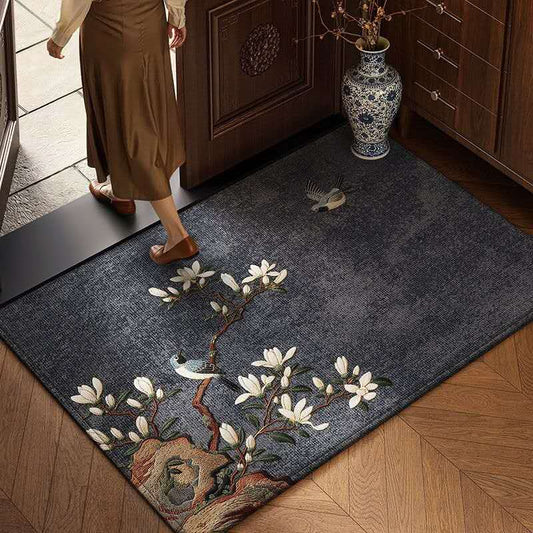 Chinese Magnolia Bird Area Rug – Oriental Belgian Velvet Carpet, Luxury Zen Entryway Rug for Calm & Healing Home Spaces