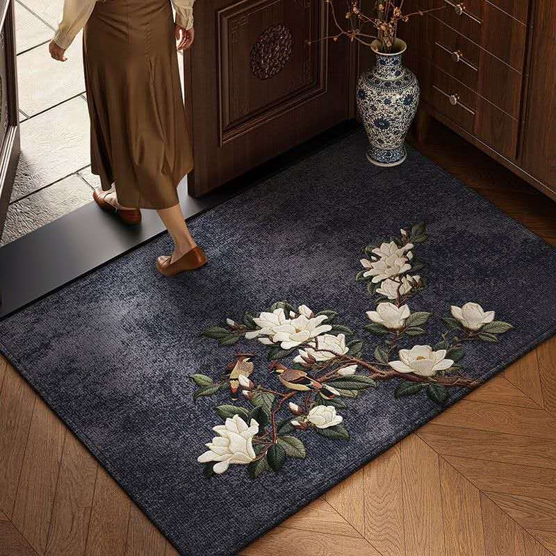 Luxury Magnolia Oriental Rug – Chinese Belgian Velvet Entryway Carpet, Zen Healing Floral Non-Slip Area Rug for Elegant Home Decor
