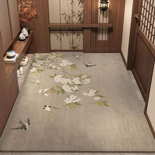 Luxury Oriental Sakura Rug – Chinese Bird & Blossom Belgian Velvet Carpet, Zen Healing Non-Slip Area Rug for Elegant Home Decor