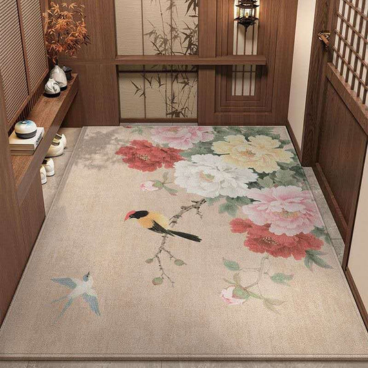Luxury Peony Oriental Rug – Chinese Floral Bird Belgian Velvet Carpet, Elegant Healing Non-Slip Rug for Living Room & Entryway