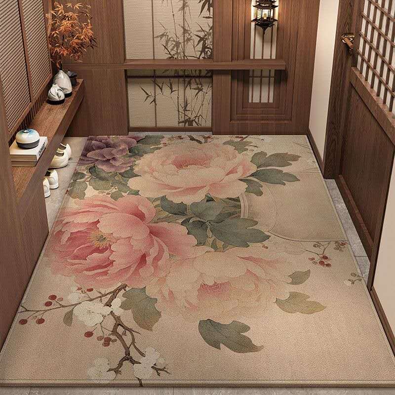 Luxury Oriental Bird & Blossom Rug – Chinese Belgian Velvet Entryway Carpet, Zen Healing Non-Slip Floral Area Rug for Elegant Home Decor
