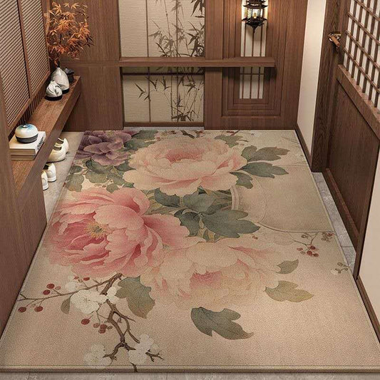 Luxury Oriental Bird & Blossom Rug – Chinese Belgian Velvet Entryway Carpet, Zen Healing Non-Slip Floral Area Rug for Elegant Home Decor