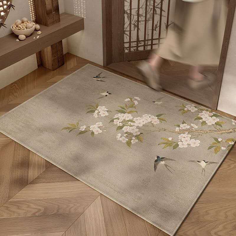 Oriental Swallow Blossom Rug – Luxury Chinese Zen Entryway Mat, Belgian Velvet Non-Slip Healing Area Carpet