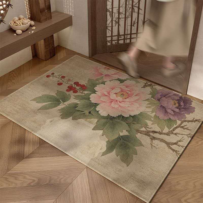 Luxury Oriental Floral Rug – Chinese Belgian Velvet Healing Carpet, Zen Bird & Blossom Non-Slip Area Rug for Elegant Home Decor