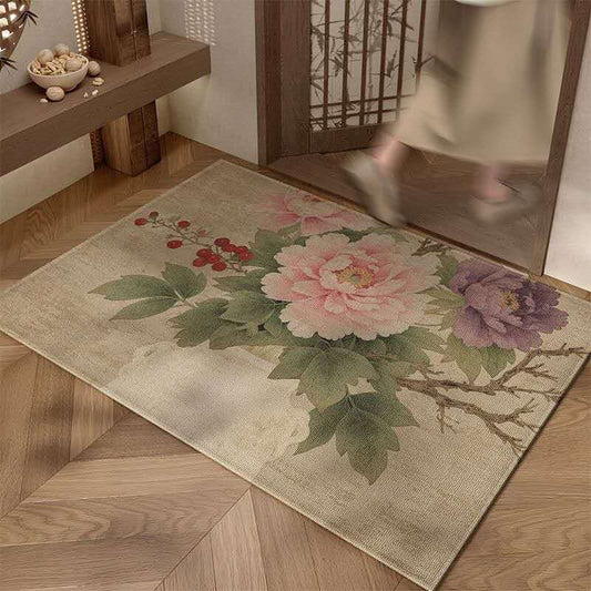 Luxury Oriental Floral Rug – Chinese Belgian Velvet Healing Carpet, Zen Bird & Blossom Non-Slip Area Rug for Elegant Home Decor