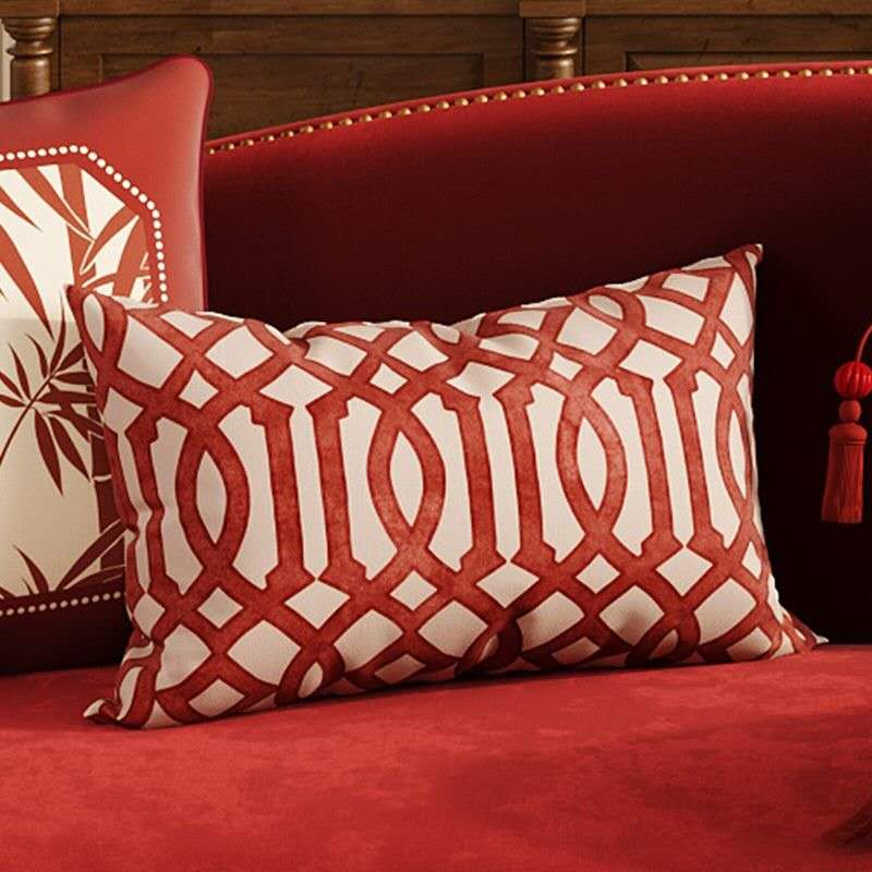 Oriental Red Geometric Throw Pillow Cover – Luxury Chinese Style Cushion | Feng Shui Happiness Decor | Modern Eastern Aesthetic Sofa Pillow