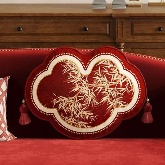 Chinese Bamboo Accent Pillow – Oriental Luxury Decorative Cushion | Red Feng Shui Sofa Pillow | Zen Healing Home Decor | Eastern Aesthetic Throw Pillow