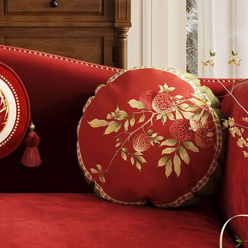 Chinese Lychee Round Throw Pillow – Oriental Luxury Cushion | Red Feng Shui Prosperity Decor | Healing Eastern Aesthetic Sofa Pillow
