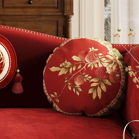 Chinese Lychee Round Throw Pillow – Oriental Luxury Cushion | Red Feng Shui Prosperity Decor | Healing Eastern Aesthetic Sofa Pillow