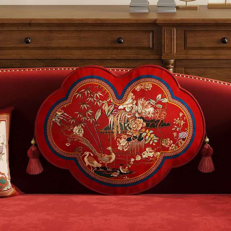 Chinese Ruyi Throw Pillow – Oriental Palace Garden Cushion | Luxury Red Feng Shui Pillow | Peony Crane Happiness Home Decor