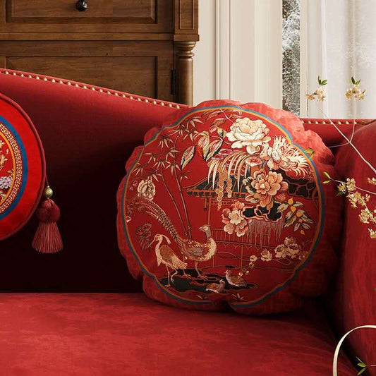 Chinese Round Peony Pillow – Oriental Luxury Cushion | Red Crane Feng Shui Decorative Pillow | Eastern Aesthetic Sofa Decor