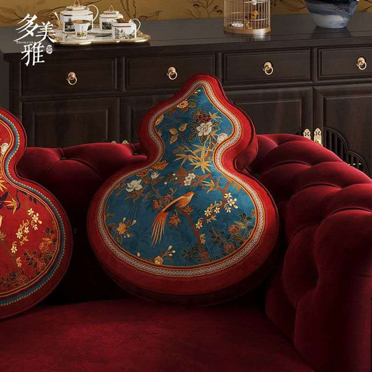 Blue Oriental Gourd Cushion Pillow – Chinese Palace Style Luxury Throw Pillow | Zen Healing Sofa Decor | Prosperity & Peace Accent