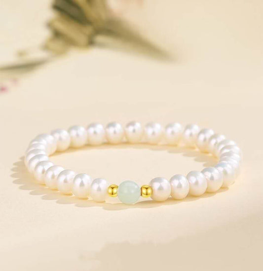 Natural Freshwater Pearl & Hetian Jade Bracelet – Gold Accent Feng Shui Pearl Jewelry for Women, Lucky Jade Healing Bracelet, Oriental Quiet Luxury Gift