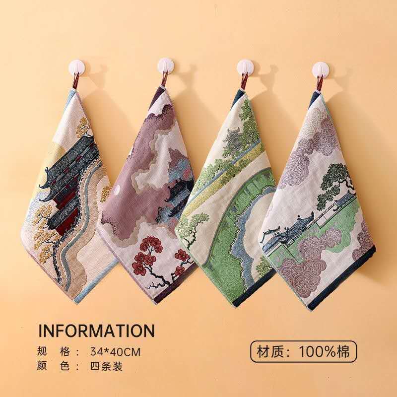 Chinese Landscape Cotton Gauze Hand Towel – Oriental Scenic Soft Cotton Washcloth Zen Bathroom Decor