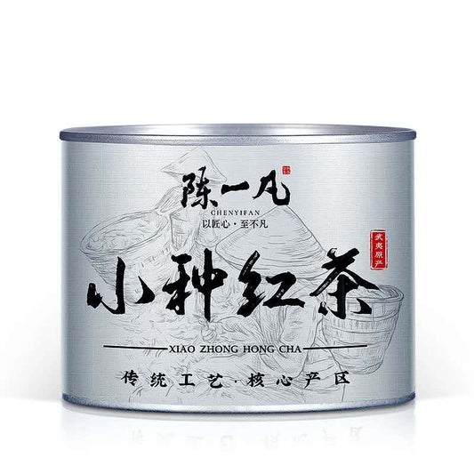 Wuyi Lapsang Souchong Xiao Zhong Black Tea 100 g in silver loose-leaf tea tin