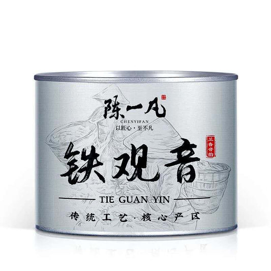 Tie Guan Yin Oolong Tea 100 g Chinese loose-leaf tea in silver metal tin with orchid aroma positioning