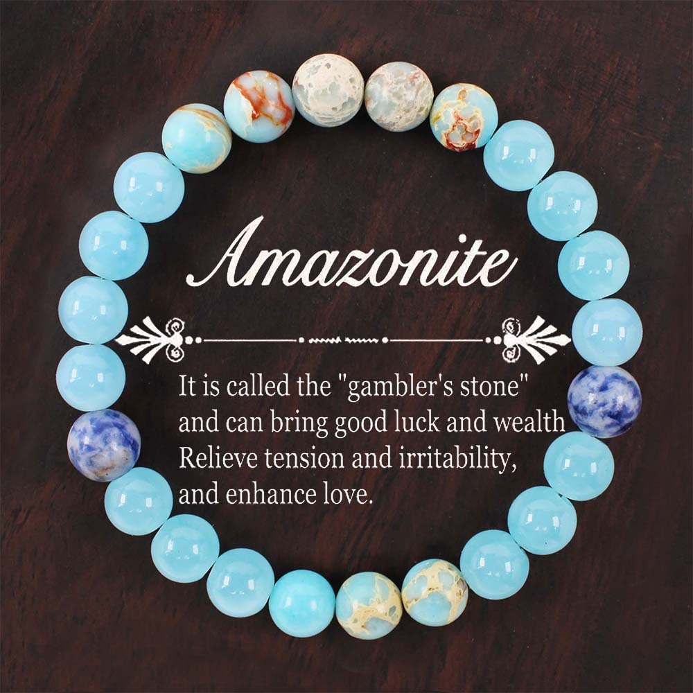 2pcs Amazonite Bracelet - Gambler's Stone Natural Crystal Bracelet for Luck, Wealth, Love & Stress Relief
