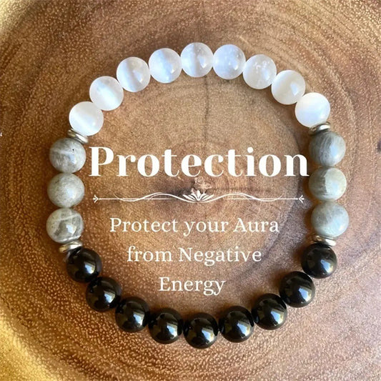 2pcs Aura Protection Bracelet - Moonstone, Labradorite & Black Onyx for Negative Energy Shield, Grounding & Spiritual Defense