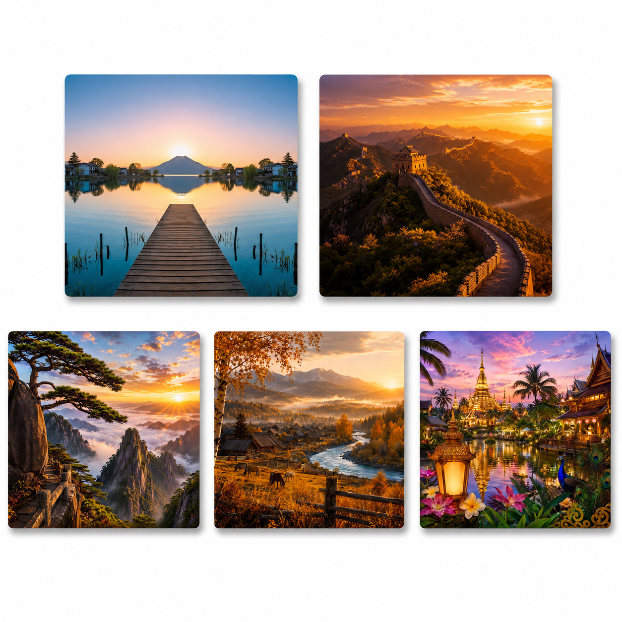 China Harmony Landscapes Fridge Magnet Collection™ (Set of 5) Dali • Great Wall • Huangshan • Hemu Village • Xishuangbanna