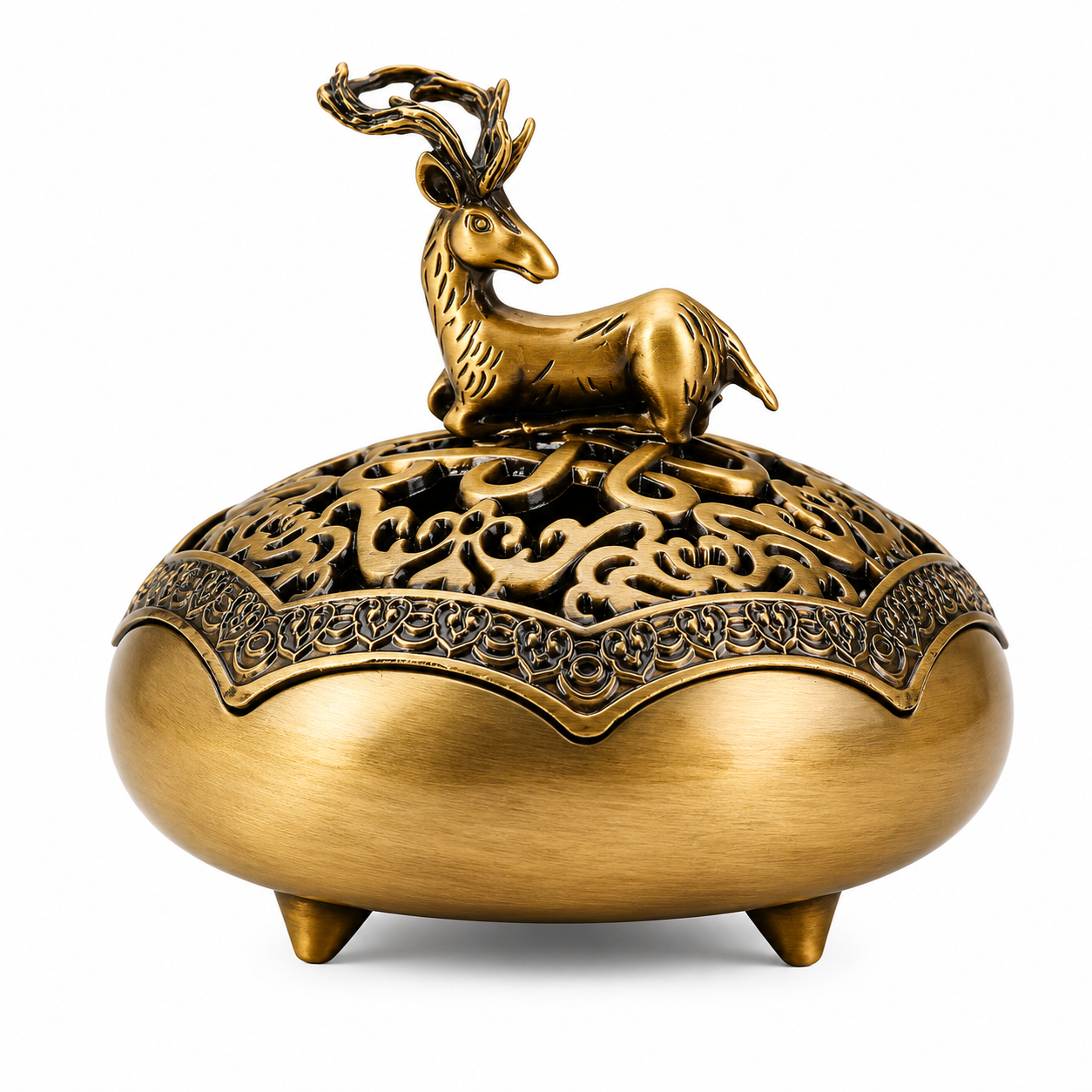 Handcrafted Royal Stag Brass Incense Burner with antique bronze finish, ornate openwork lid, and majestic deer sculpture, designed for Eastern healing rituals, meditation, tea ceremonies, and luxury Zen home décor.