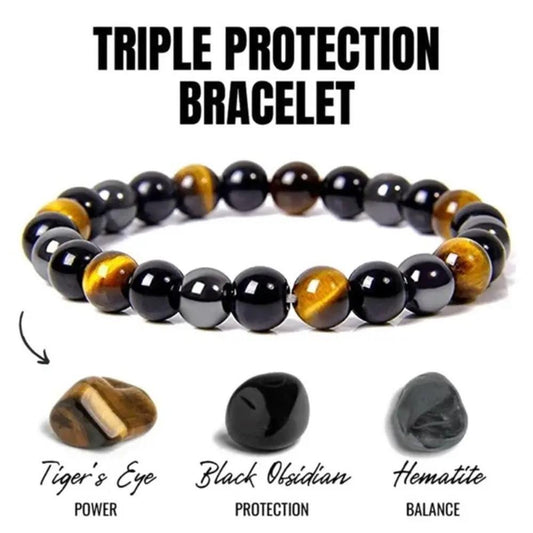 2pcs riple Protection Bracelet - Tiger's Eye Black Obsidian Hematite Natural Stone Beaded Bracelet for Power, Shield & Balance