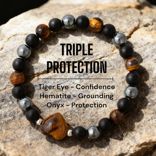 2pcs Triple Protection Bracelet - Tiger's Eye, Hematite & Black Onyx with Heart Charm for Confidence, Grounding & Strong Energy Shield